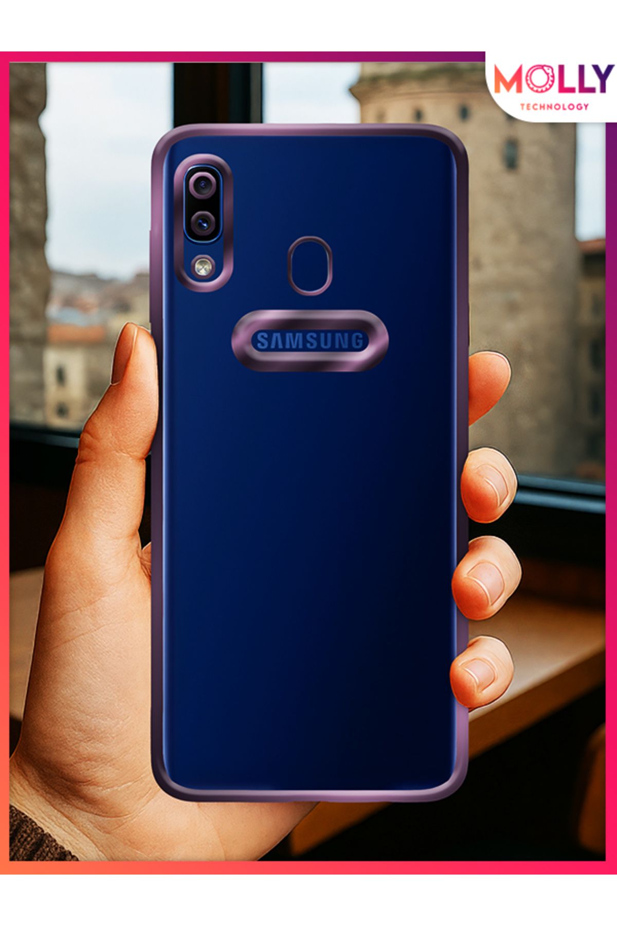 Molly Samsung Galaxy A20 Için Kenarları Derin Mor Lens Koruyuculu Lou Lazer Şeffaf Silikon Kılıf