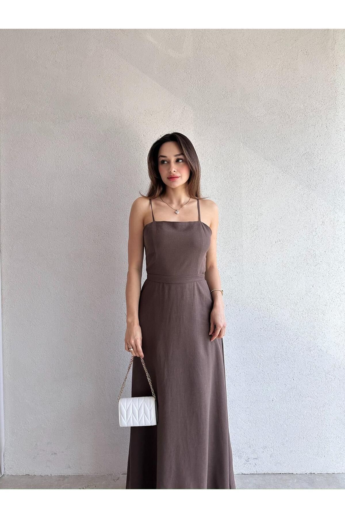Mooi Butik LAMBORN Maxi Elbise 9690 - Acı Kahve