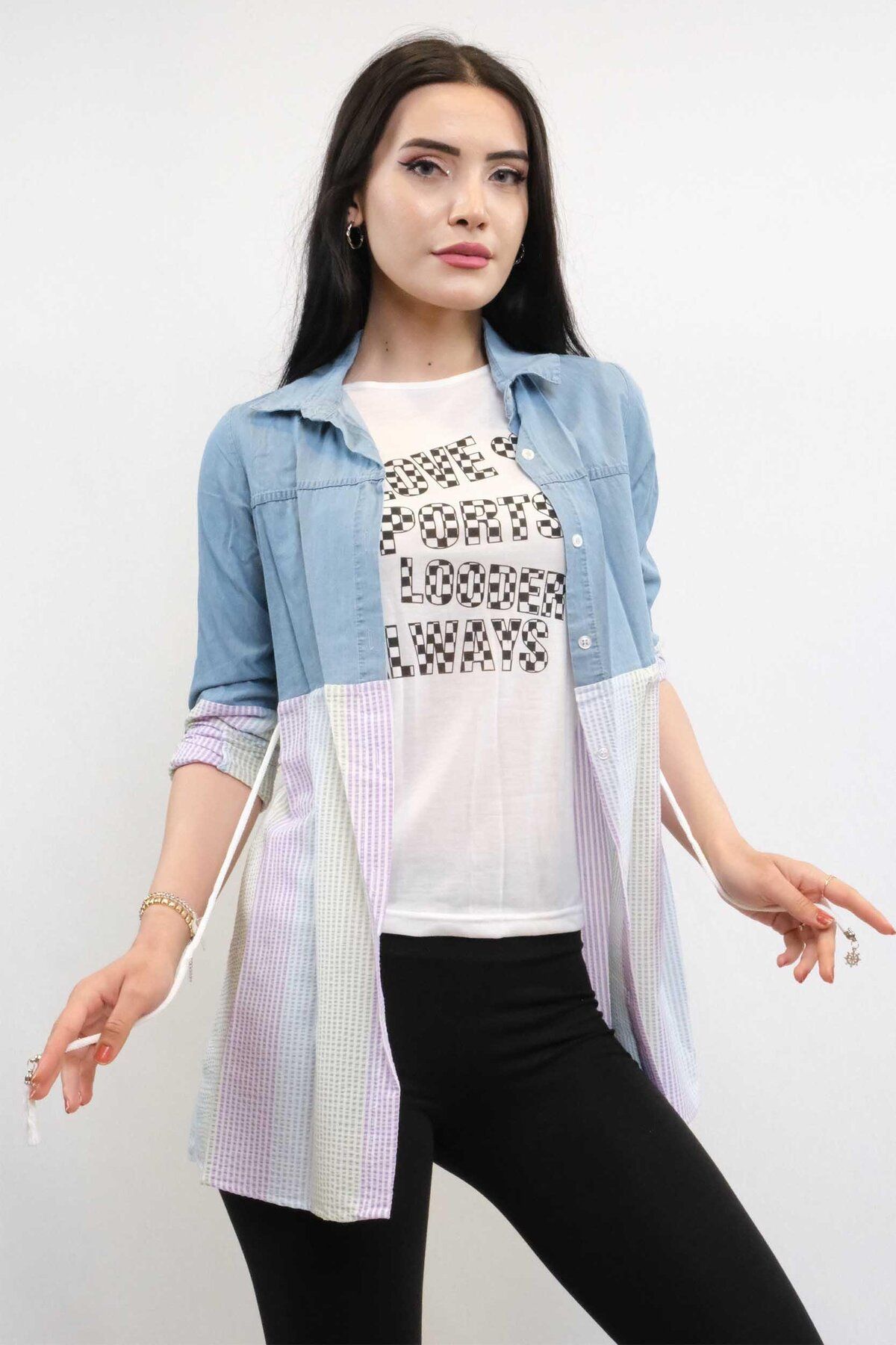 PuShe Moda Çizgi Gömlek İçi T-shirt İkili Takım Renkli