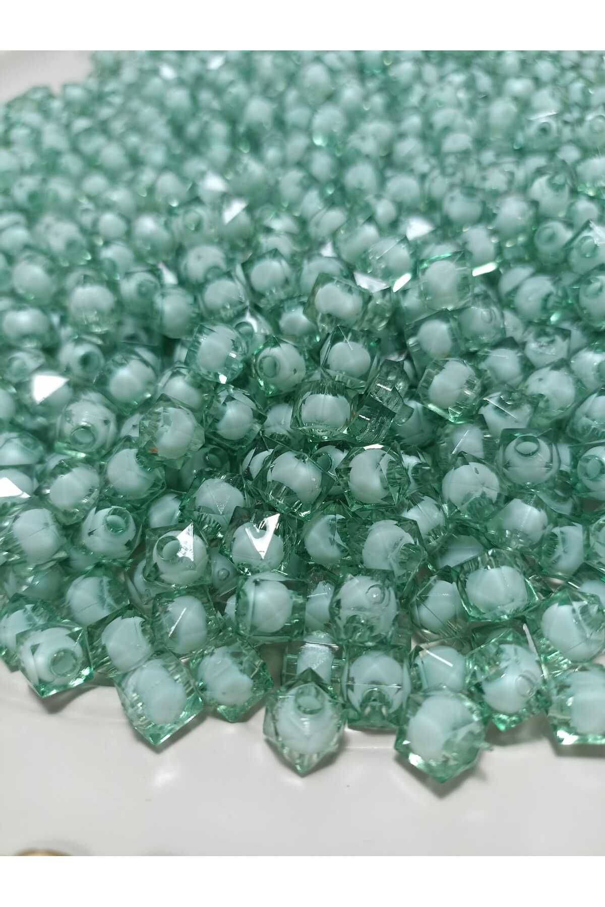ida design store 10mm Turkuaz/Yeşil Renk İçi Boncuklu Akrilik Küp Model Boncuk