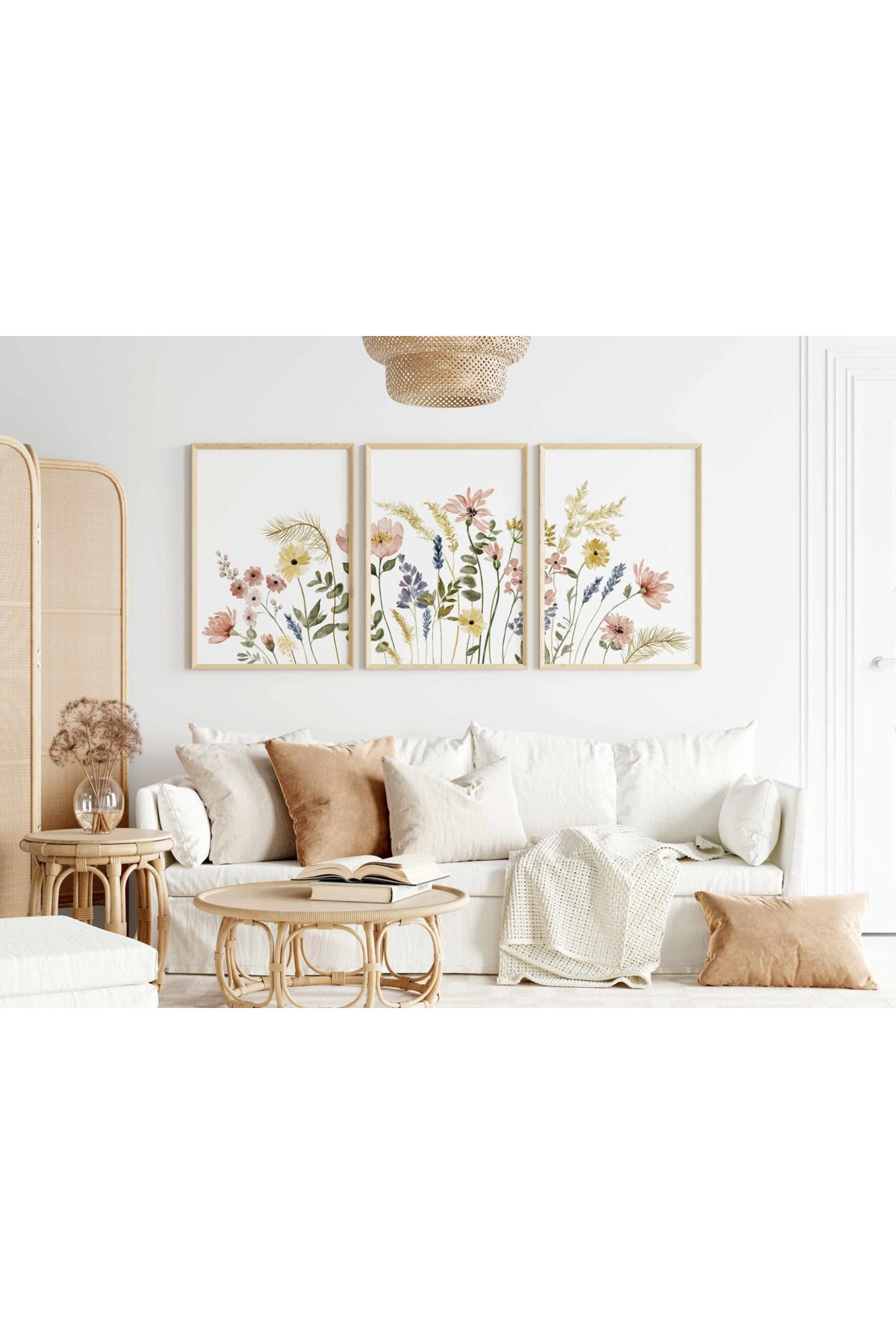 Tuba Decor 3 Parça Ahşap Çerçeve Görünümlü bohem MDF Tablo Seti