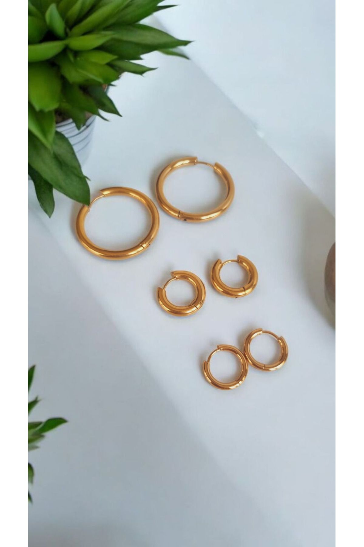 İNİTİUM Paslanmaz Çelik 3 Çift Gold Halka Küpe