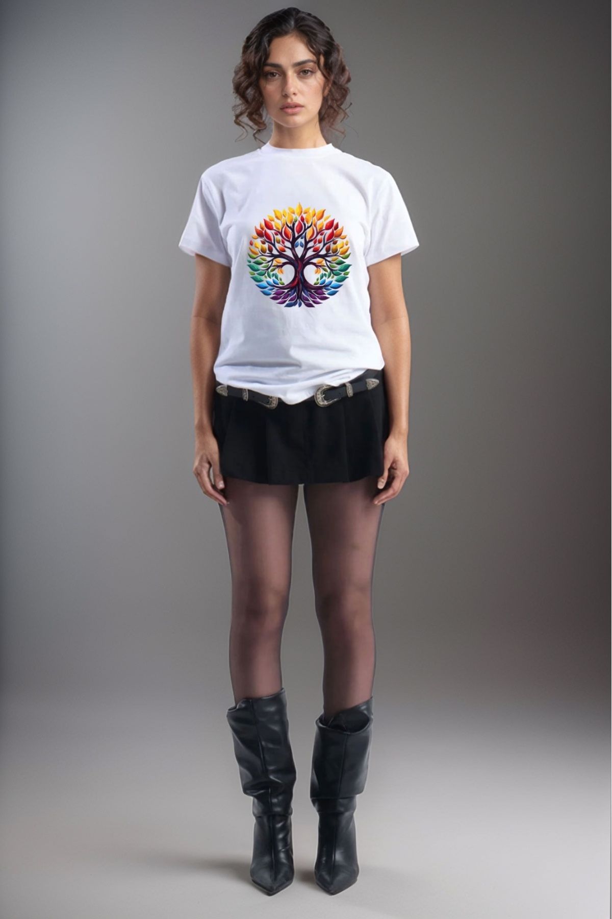 MODA Bohem Stil Yaşam Ağacı Baskılı %100 Pamuk Bisiklet Yaka Basic T-shirt