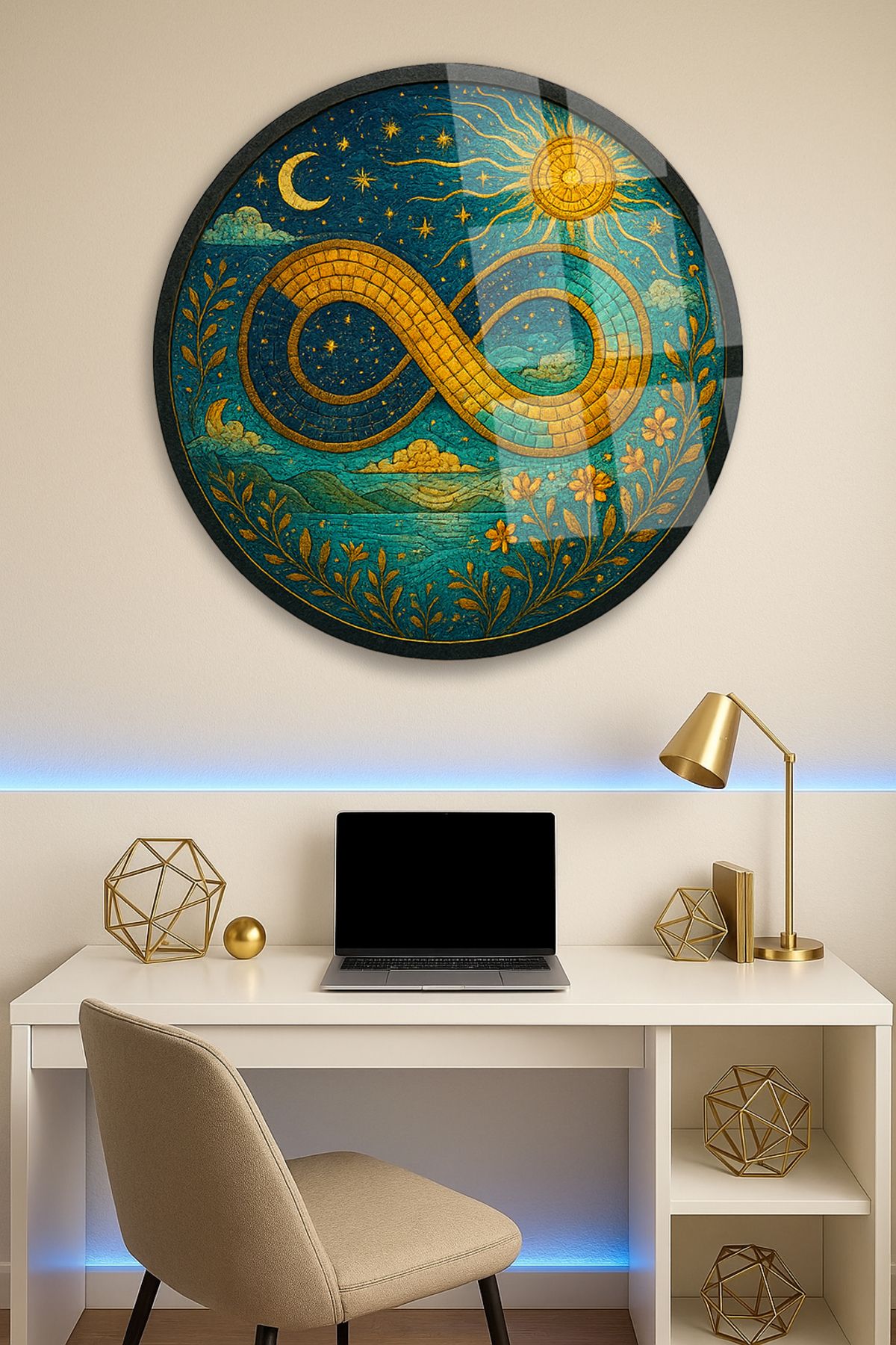 TAULART MOZAİK DESENLİ SONSUZLUK İŞARETİ MODERN YUVARLAK CAM TABLO EV HEDİYESİ ULTRA CANLI RENKLER