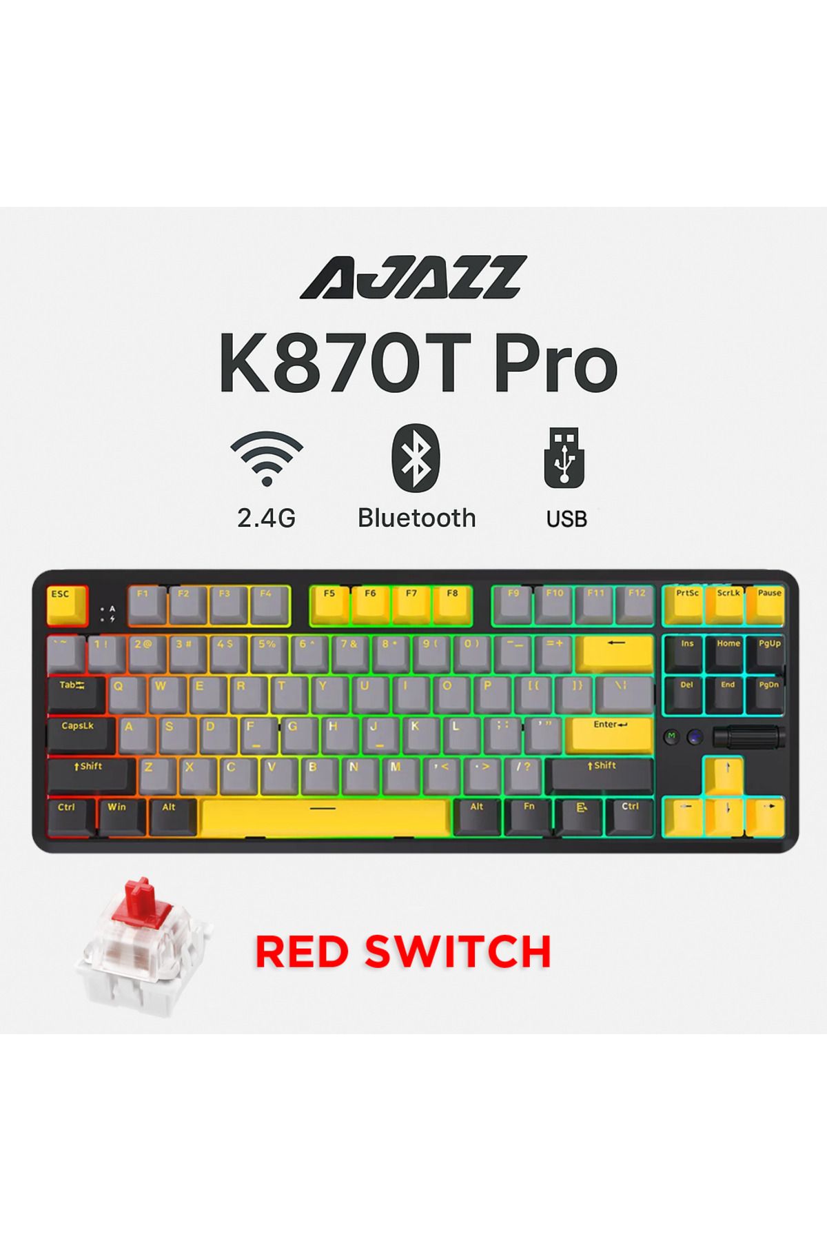 Ajazz K870T Pro 3 Modlu Hot-Swap RGB, Mekanik Klavye - Siyah