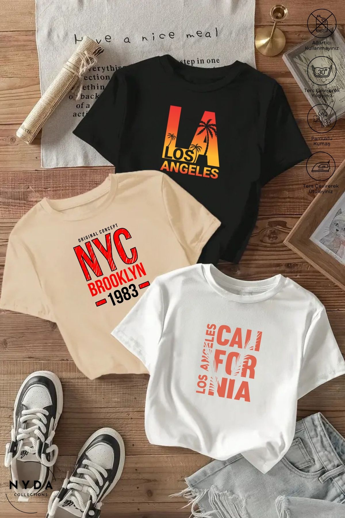 Nyda Collections Unisex Bisiklet Yaka Los Angelas Newyork Baskılı Pamuk Oversize 3lü Renkli Kısa Kollu Tişört Takım