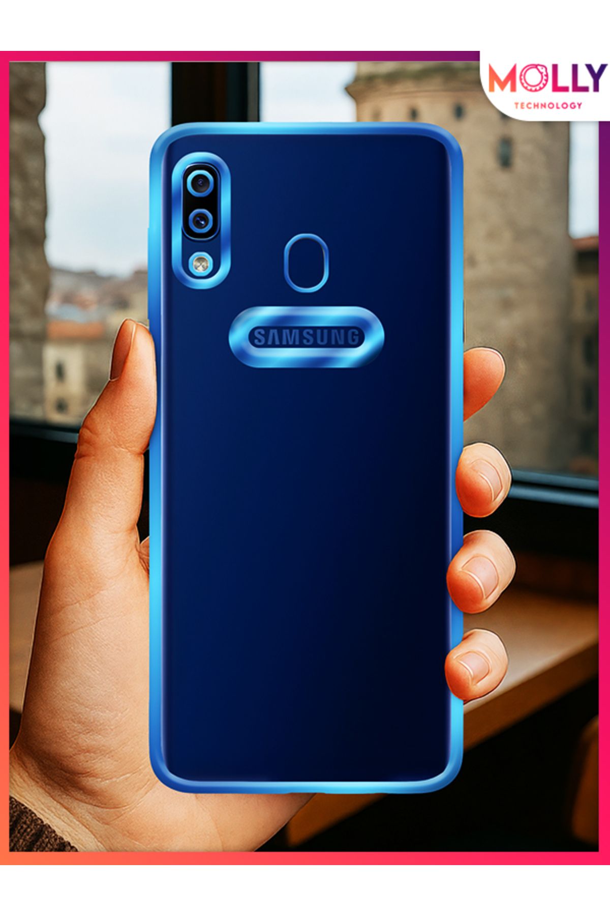 Molly Samsung Galaxy A20 İçin Kenarları Metalik Mavi Lens Koruyuculu Lou Lazer Şeffaf Silikon Kılıf