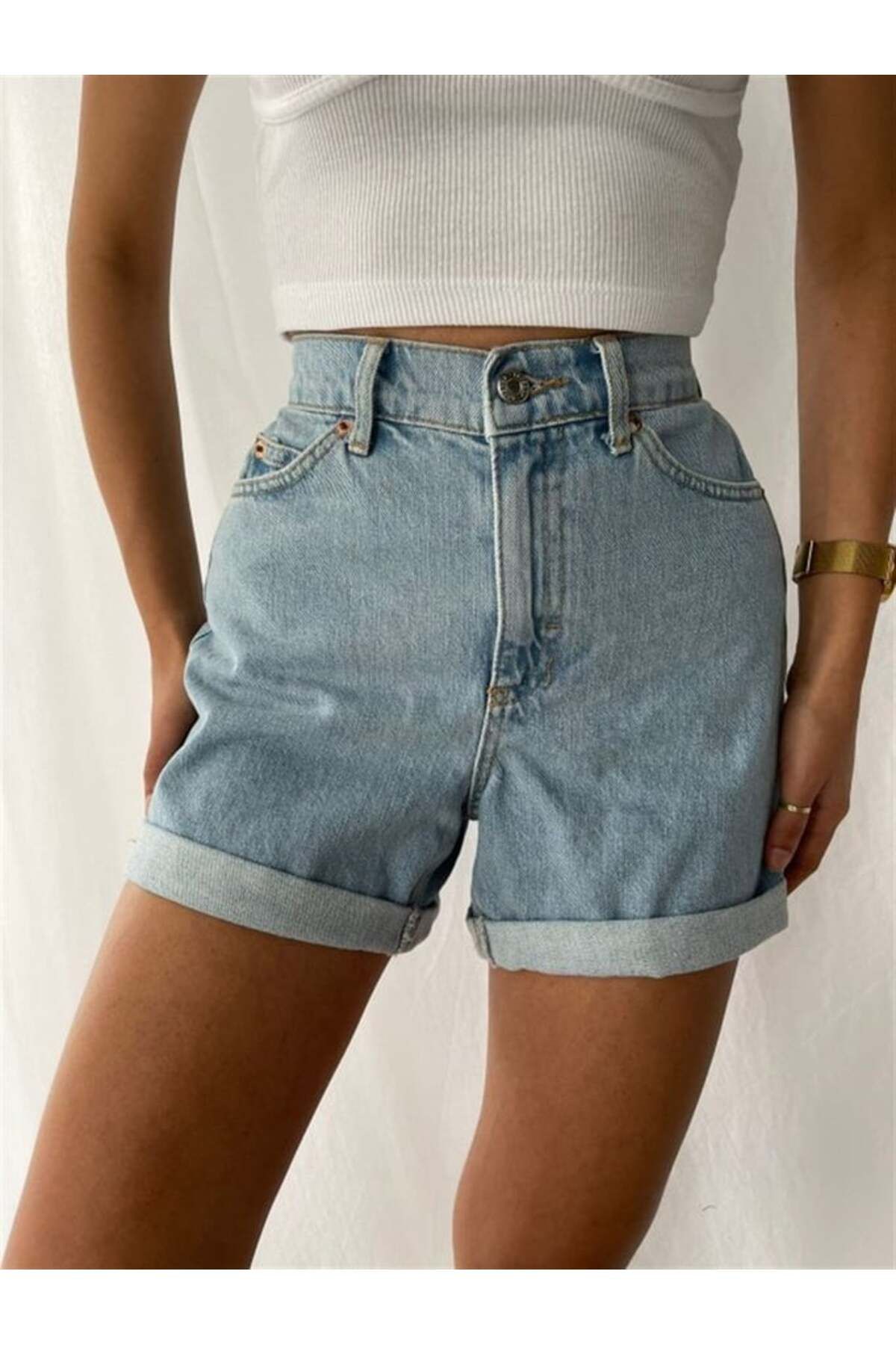 TugsatTasarTekstil Kadın Açık Mavi Asit Yıkama Kot Şort Duble Paça Denim Likralı Toparlayıcı Premium