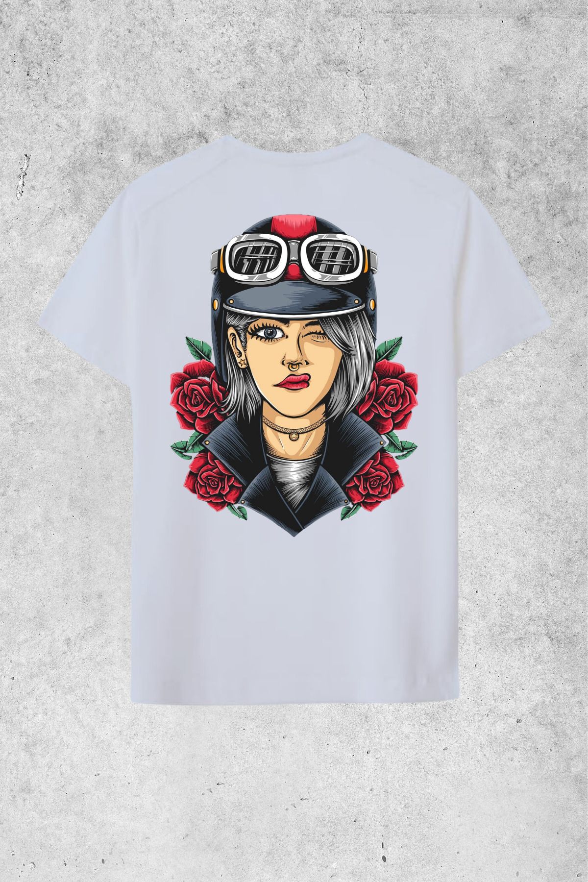 MOLICO Basic unısex sıfır yaka kısa kollu KASKLI MOTORCU KIZ SIRT BASKILI OVERSİZE tshirt