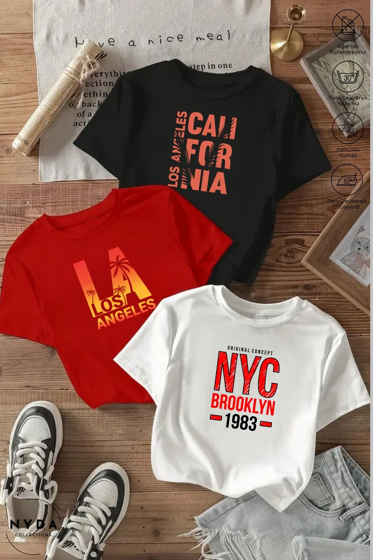 Nyda Collections Unisex Bisiklet Yaka Los Angelas Newyork Baskılı Pamuk Oversize 3lü Renkli Kısa Kollu Tişört Takım