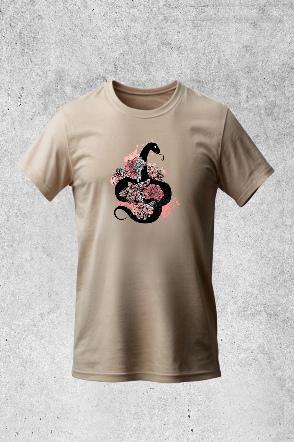 MOLICO Basic unısex sıfır yaka kısa kollu GÜLLÜ YILAN BASKILI tshirt