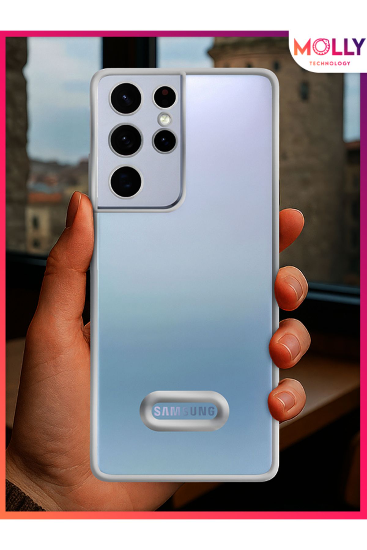 Molly Samsung Galaxy S21 ULTRA İçin Kenarları Gümüş Lens Koruyuculu Lou Lazer Şeffaf Silikon Kılıf