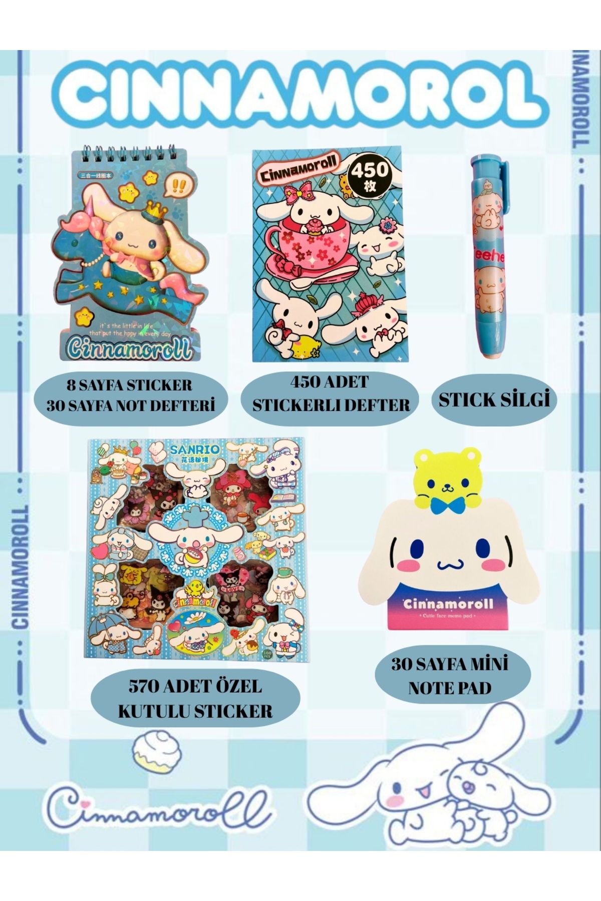 ÖZ OFİS Cinnamoroll Sanrio 5 Parça Kırtasiye Seti Silgi Sticker Not Defteri Note Pad