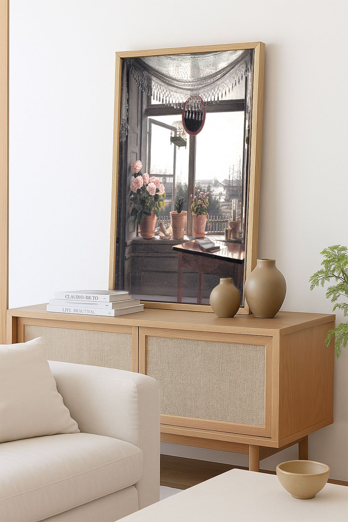 AKSU SANAT Saksılar ve Pencere Vintage ÇERÇEVELİ Kanvas Tablo, ÇİFT ÇERÇEVELİ Tablo 1KTBL20