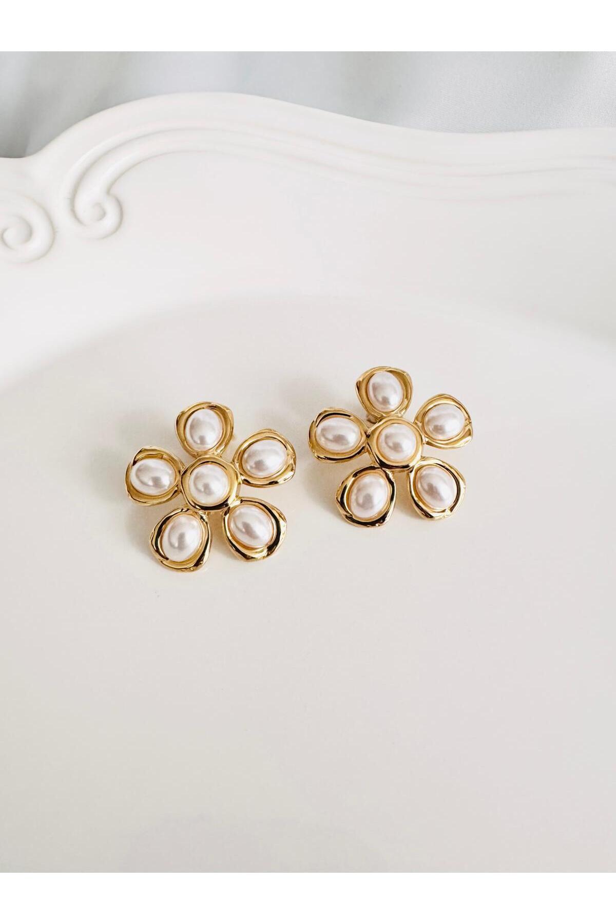 DEVİ fashion Çelik İnci Çiçek Küpe 4 cm