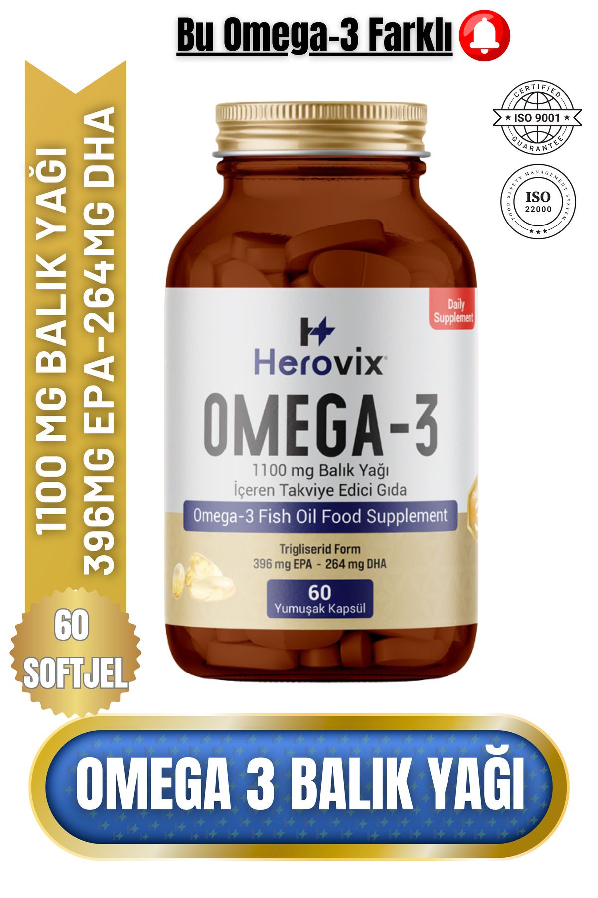 Herovix Omega 3 Balık Yağı 60 Softjel 1100 Mg (EPA:396 mg DHA:264 mg)