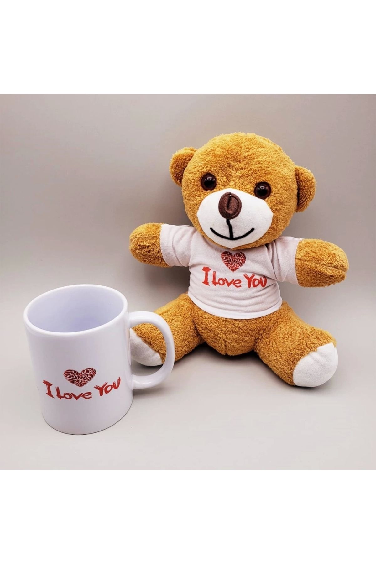 TTT Kahverengi I Love You Tişörtlü Ayıcık ve Baskılı Kupa Seti
