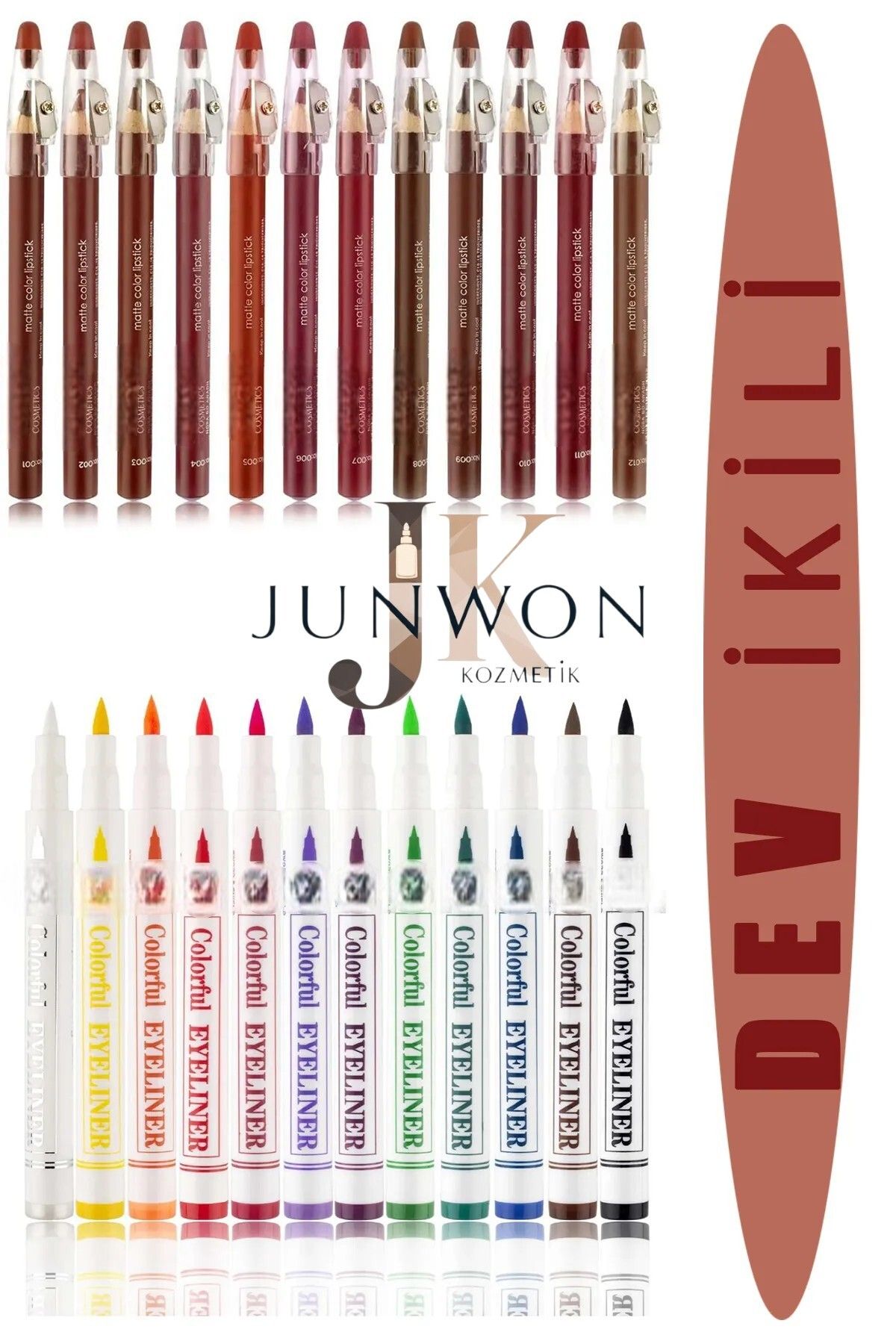 junwon 12 Renk Pen Eyeliner Seti & Kalemtraşlı Dudak Kalemi Jumbo Kalın Kalem Ruj Waterproof 12li Set