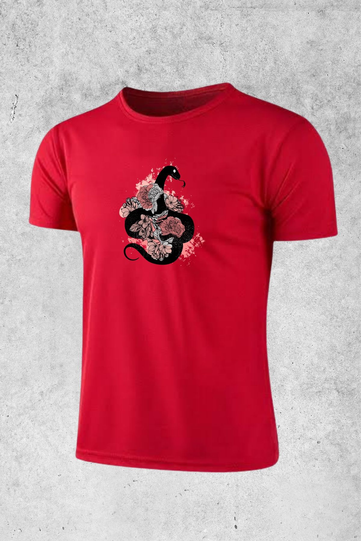 MOLICO Basic unısex sıfır yaka kısa kollu GÜLLÜ YILAN BASKILI tshirt