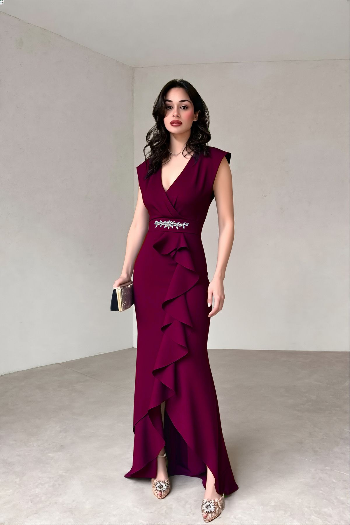 ALFUDO Moda Collection Kadın Scuba Krep Kumaş Kruvaze Yaka Eteği Volanlı Abiye Mezuniyet Nikah Elbise
