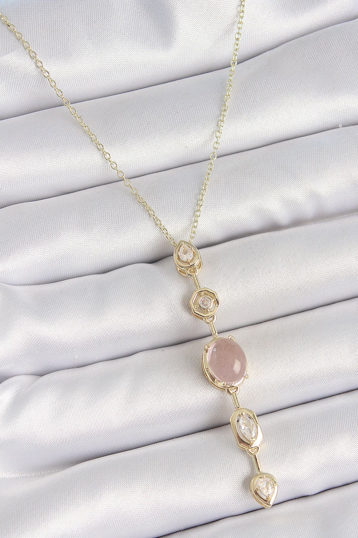 lumossia 316L Çelik Gold Renk Zincir Zirkon Taşlı Pembe Mineli Y Model Dekolta Kadın Kolye