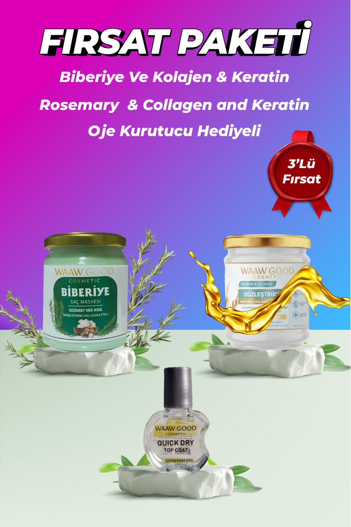 WAAW GOOD Düzleştirici Onarıcı Keratin,Biberiye Saç Maskesi Oje Kurutucu Hediyeli Fırsat Paketi
