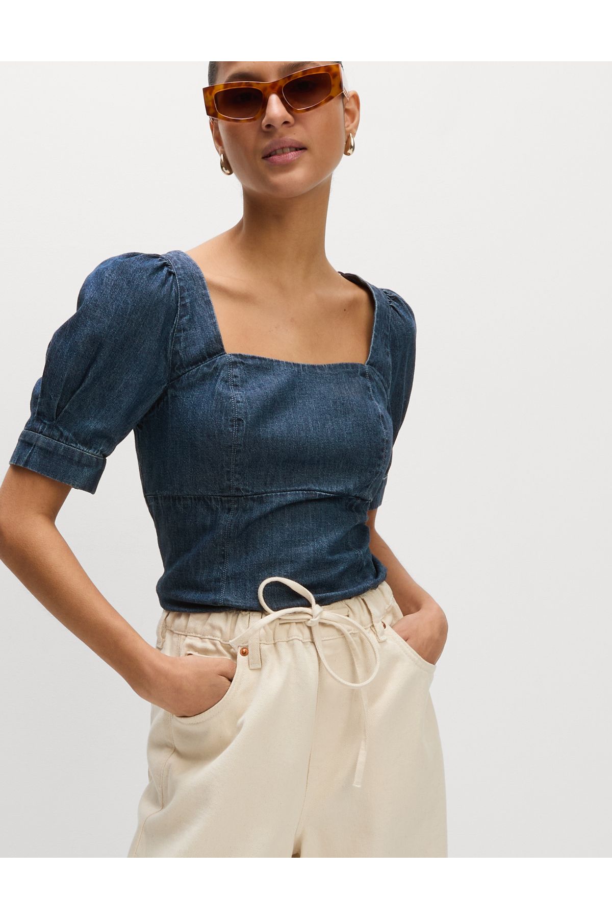 Marks & Spencer Saf Pamuklu Denim Kare Yaka Korse Bluz