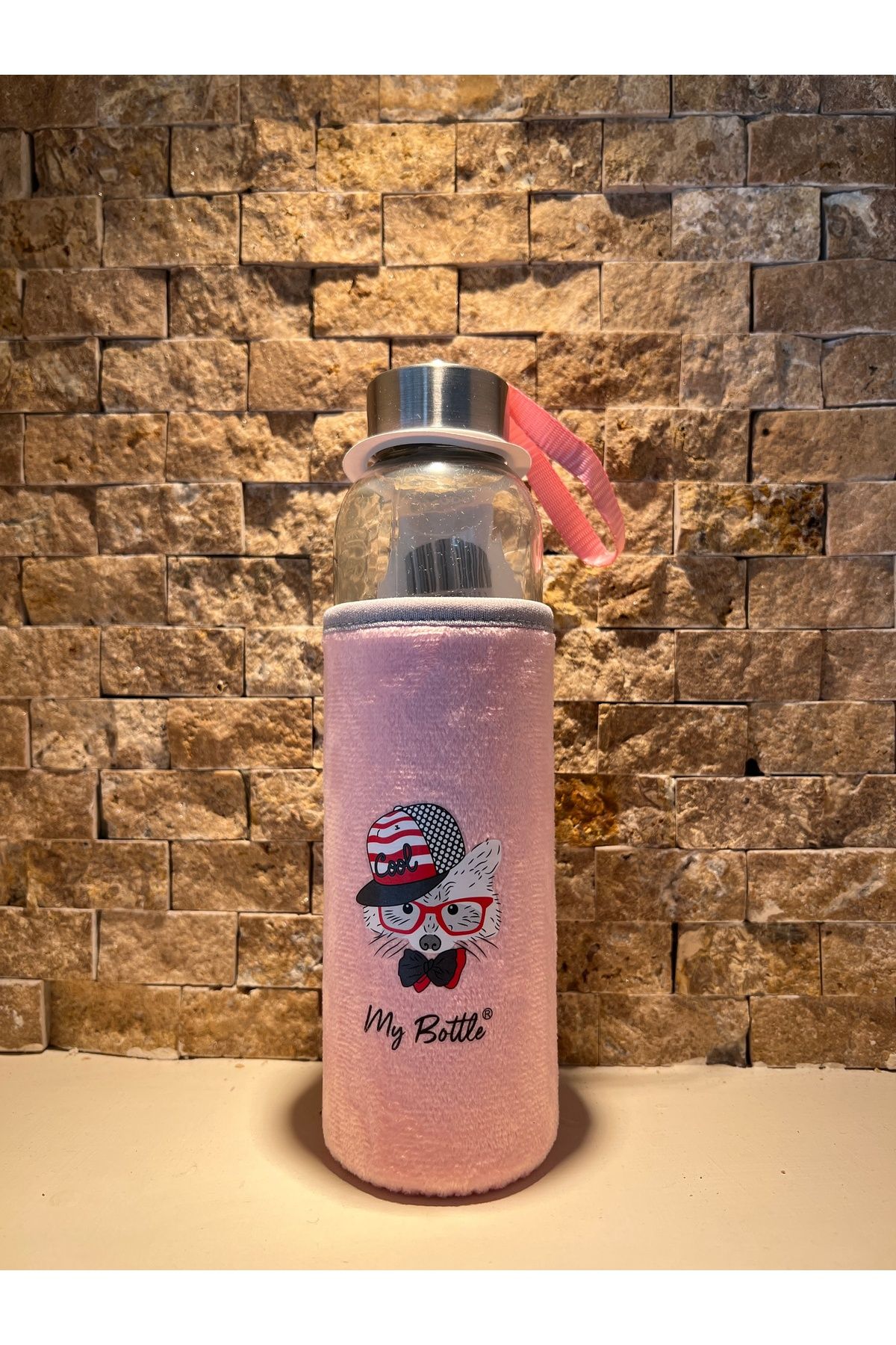 daısydecoratıon Cam Suluk Figürlü Renkli Peluş Matara Suluk 500ml