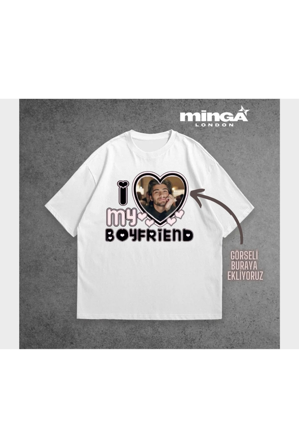 Minga London Beyaz Kişiye Özel I Love My Boyfriend Oversize Tshirt -Minga London