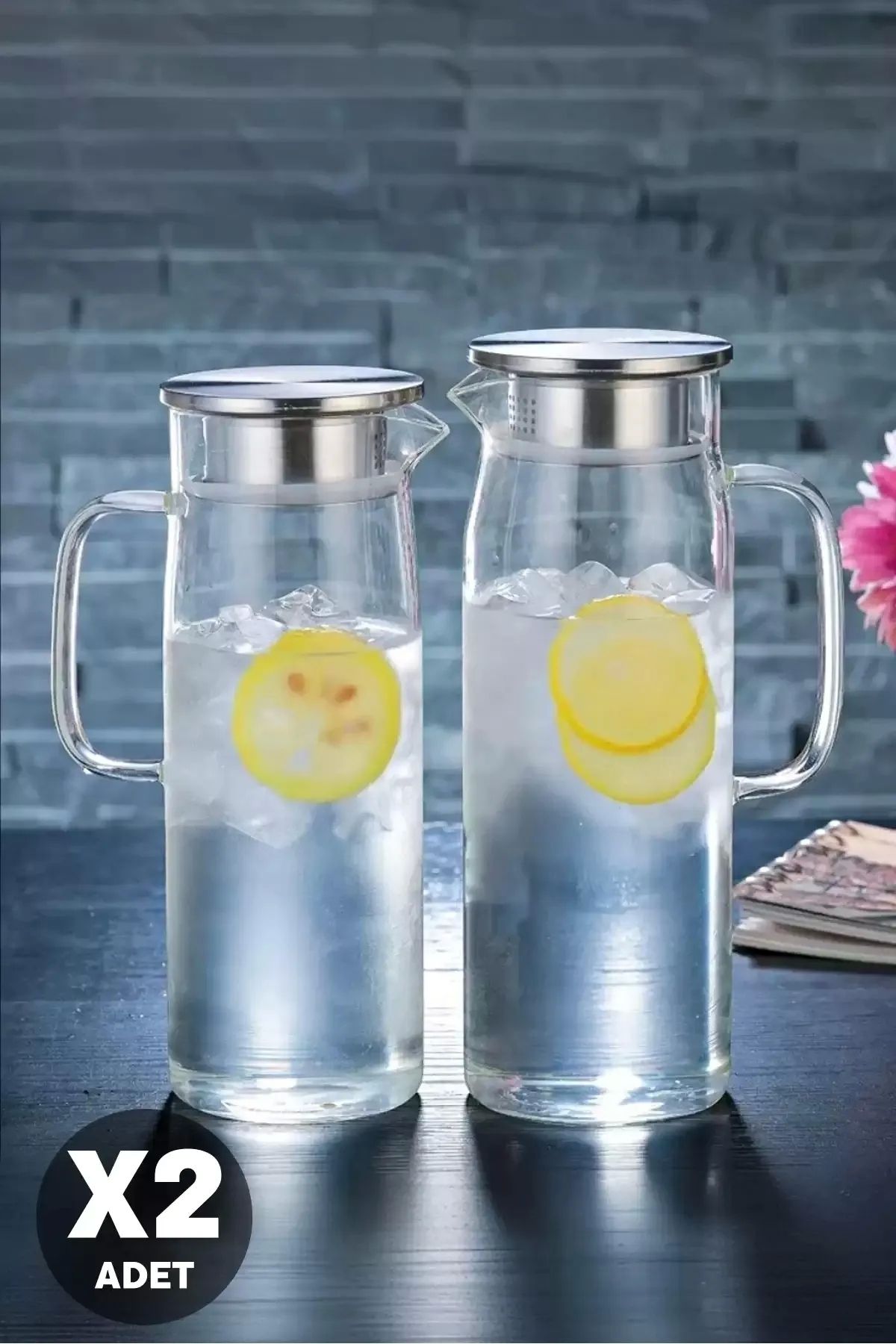 Maridet 2'li Retro Cam Sürahi Kulplu Çelik Kapaklı Soğuk Sıcak Kokteyl Meşrubat Cam Sürahisi 1500 ml