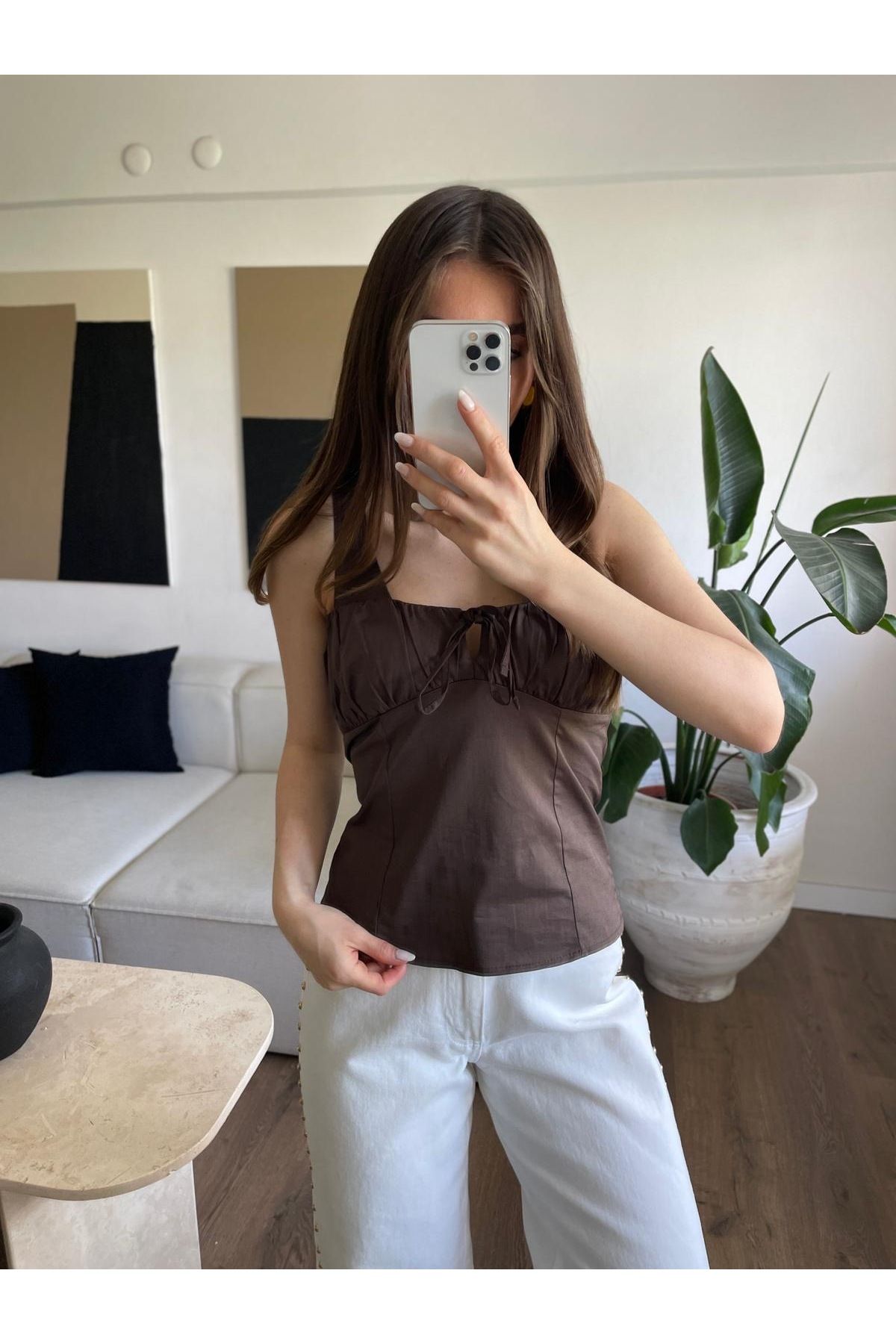 Özgece KAHVE KURDELE POPLİN BLUZ