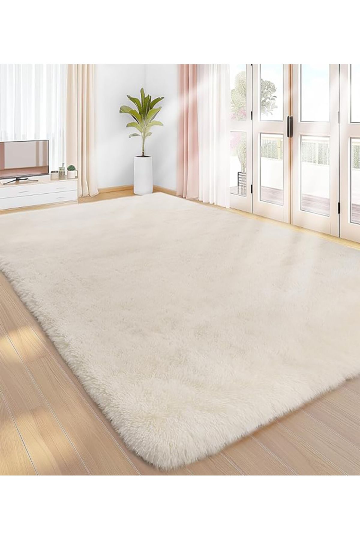 Badelya Home Krem Post Peluş Halı Yolluk Yumuşak Tüylü Puffy Kaymaz Özel Taban Dekoratif Yıkanabilir Modern