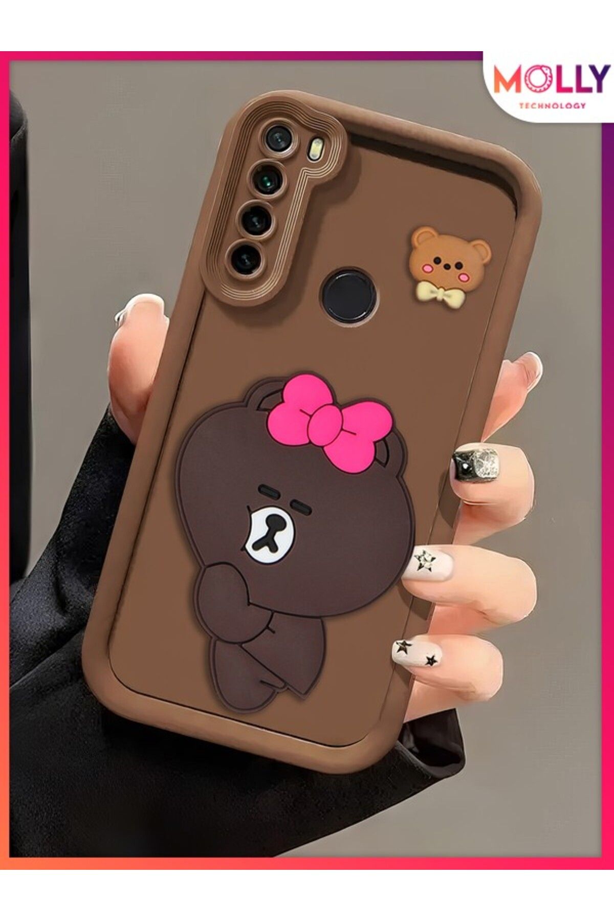 Molly Xiaomi Redmi Note 8 İçin Fallow Brown Kenarları Kalın 3d Kabartmalı Alice Bear Silikon Kılıf