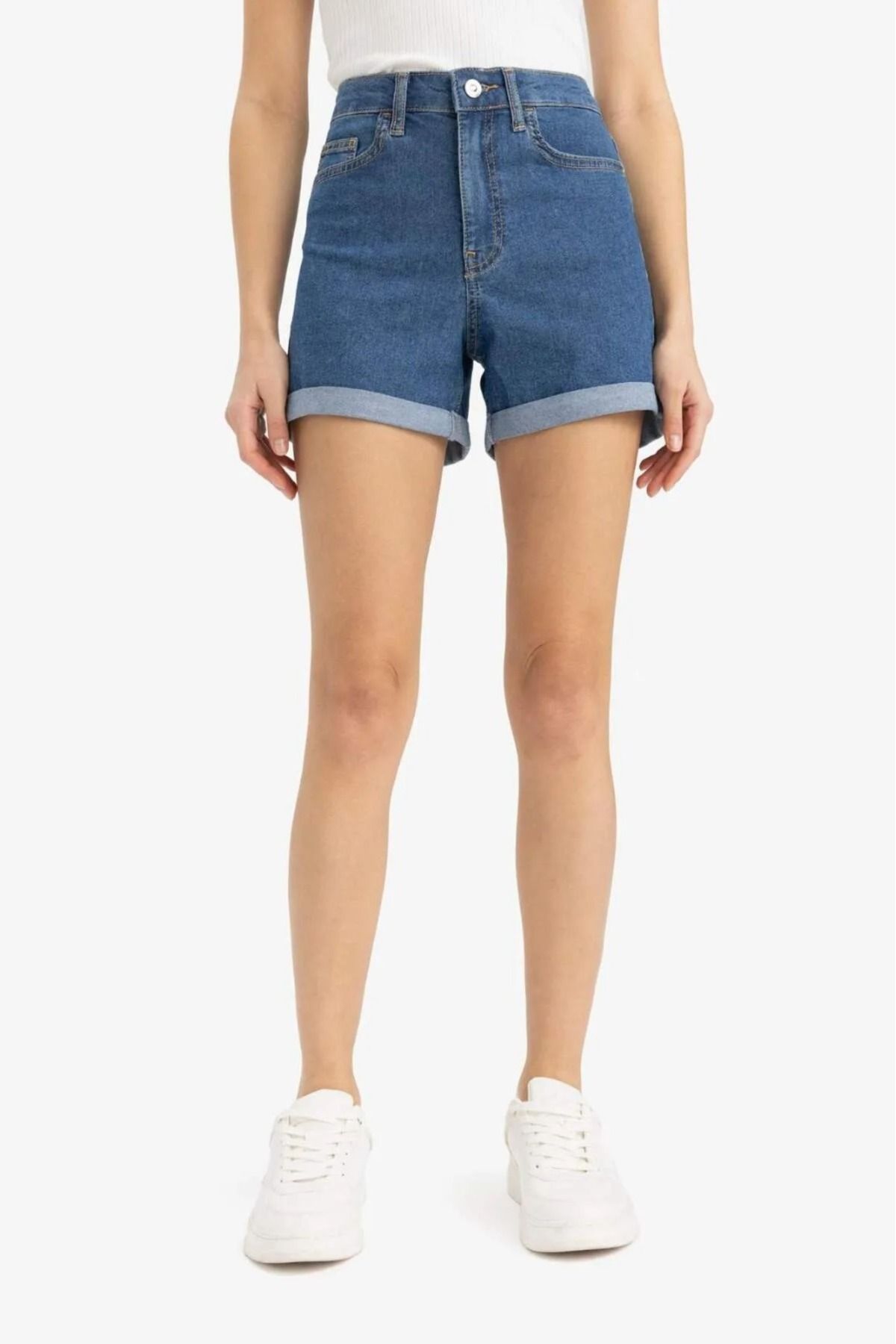 TugsatTasarTekstil Kadın Mavi Kot Şort Duble Paça Denim Likralı Toparlayıcı Premium