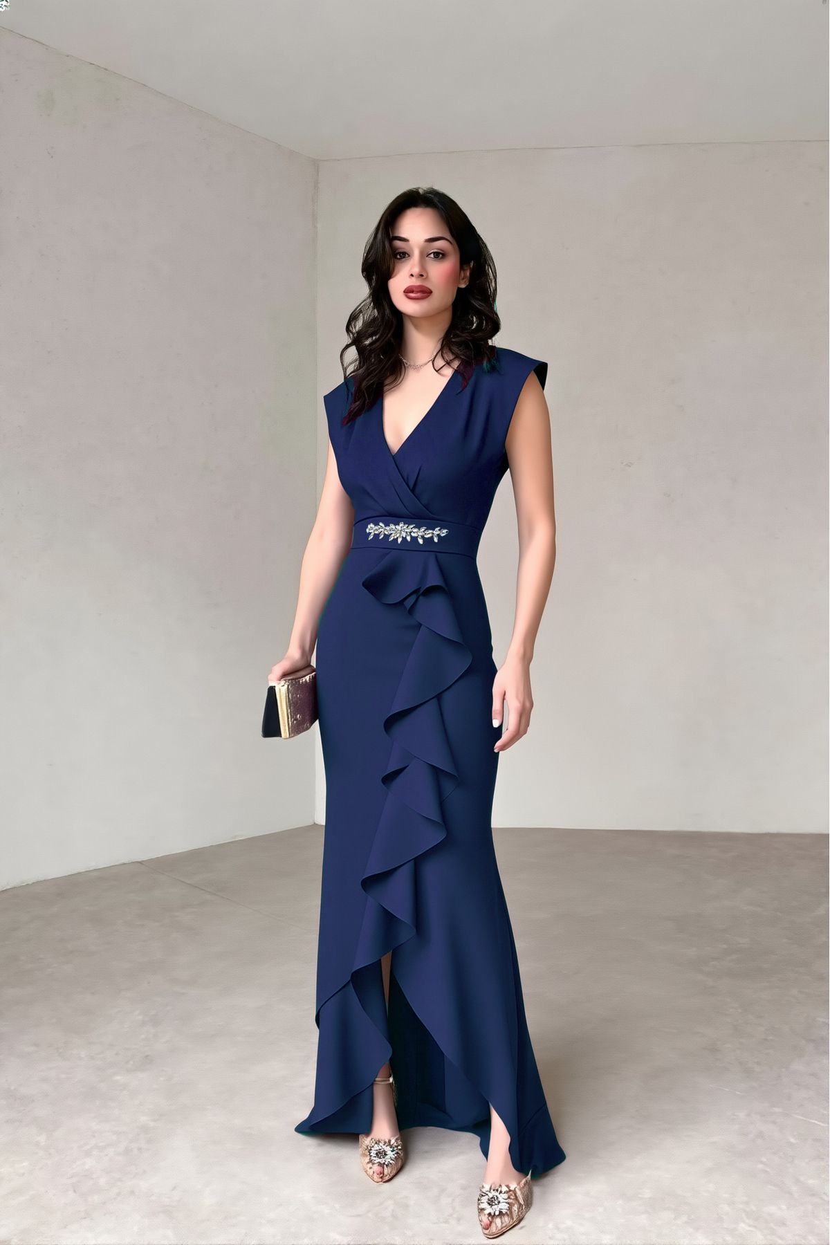 ALFUDO Moda Collection Kadın Scuba Krep Kumaş Kruvaze Yaka Eteği Volanlı Abiye Mezuniyet Nikah Elbise
