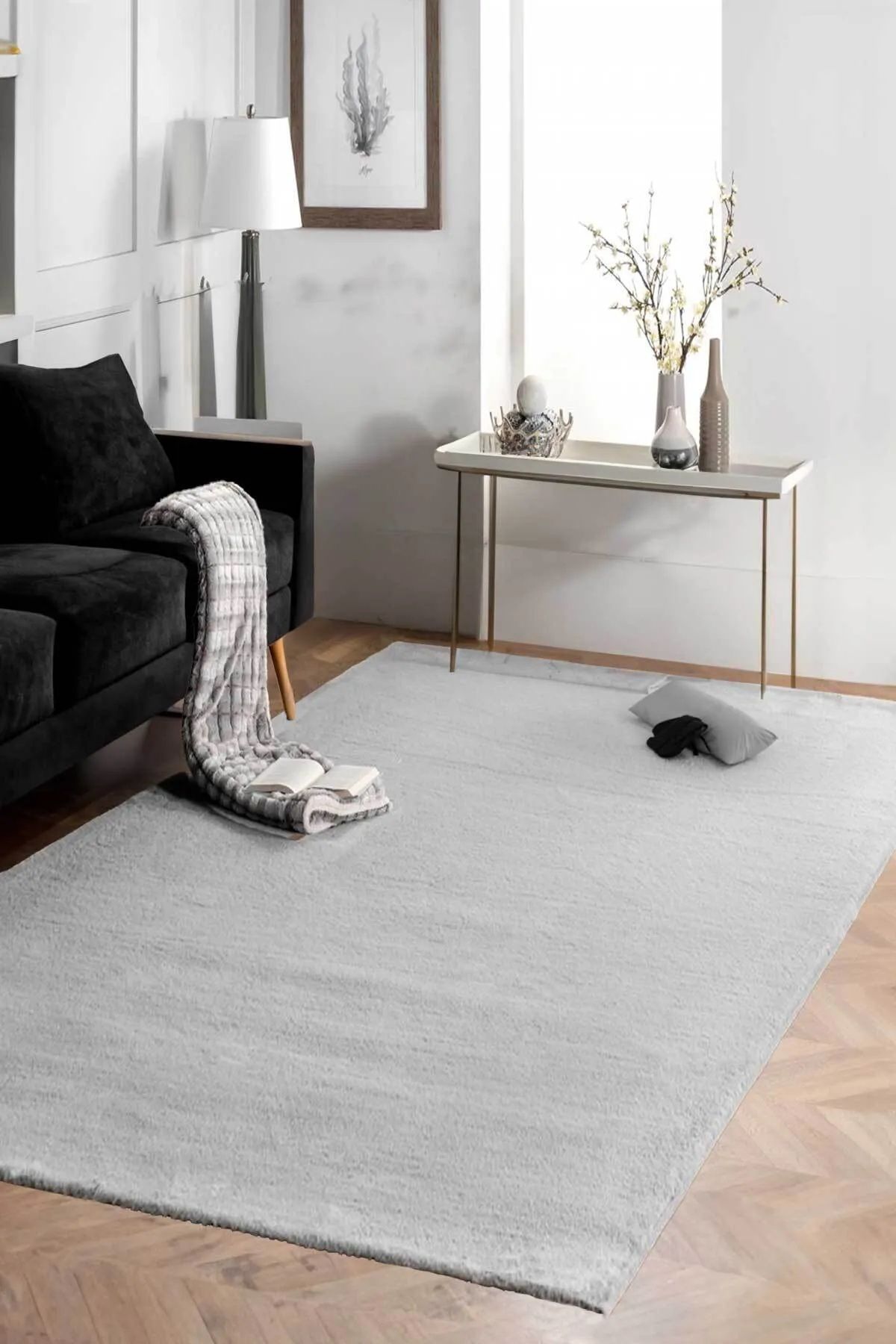 Badelya Home Gri Post Peluş Halı Yolluk Yumuşak Tüylü Puffy Kaymaz Özel Taban Dekoratif Yıkanabilir Modern