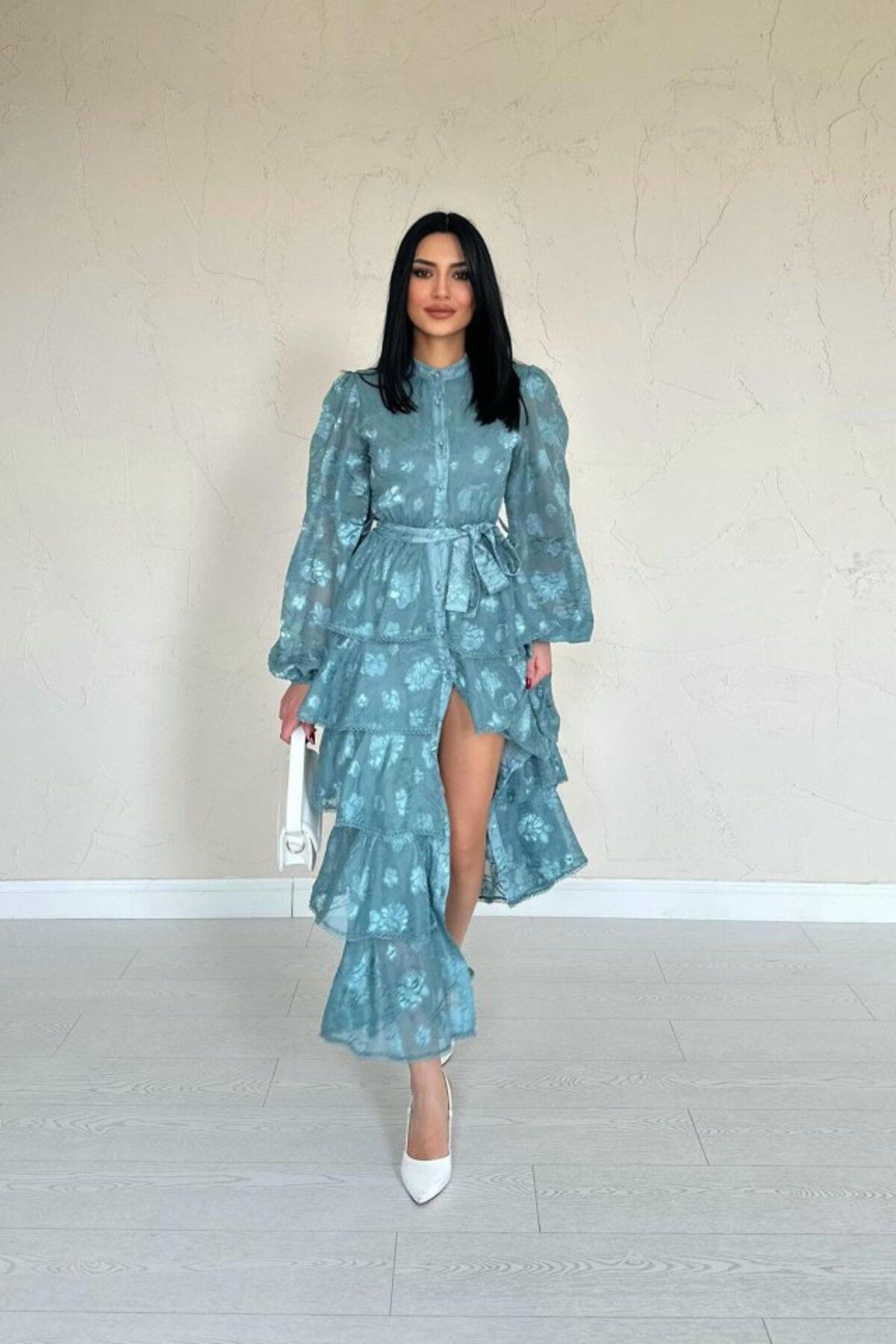 Gökyüzü Moda Mint Valonlu Şeritli Kat Kat Elbise