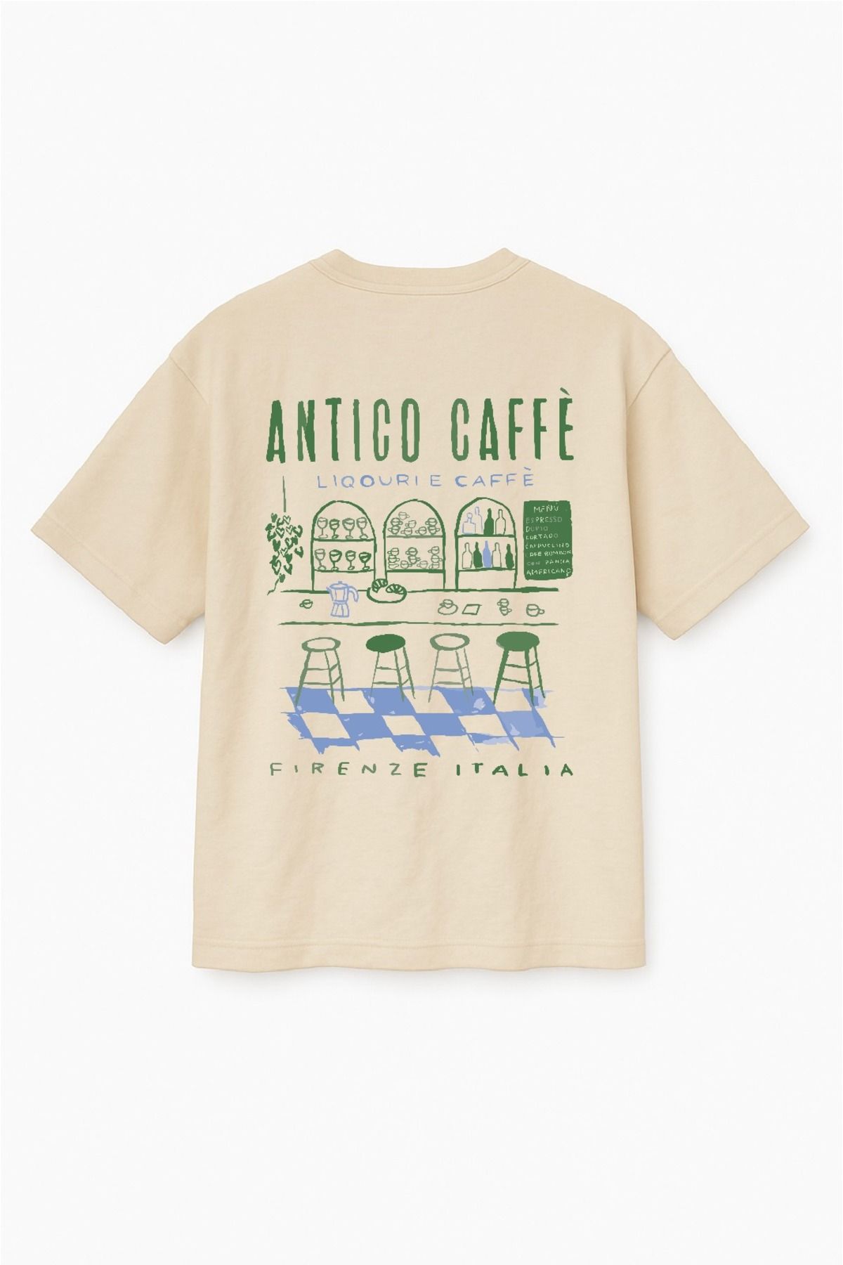 Altair Tr Bej Renk Oversize Kalıp Antico Caffe Kafe Baskılı Unisex Tişört T-Shirt