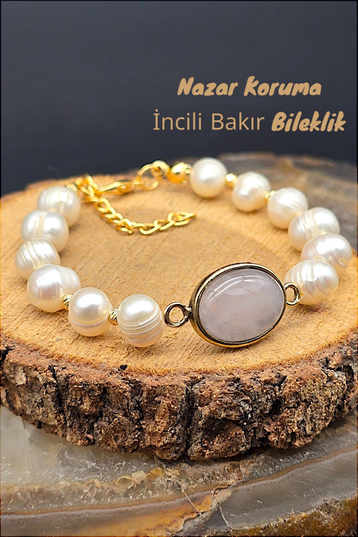 NBS Beautiful Naturel Stones Bakır Gerçek İncili Pembe Kuvars Bileklik Tasarım ( Nişan , Düğün , Günlük ,Hediyelik ) Trend
