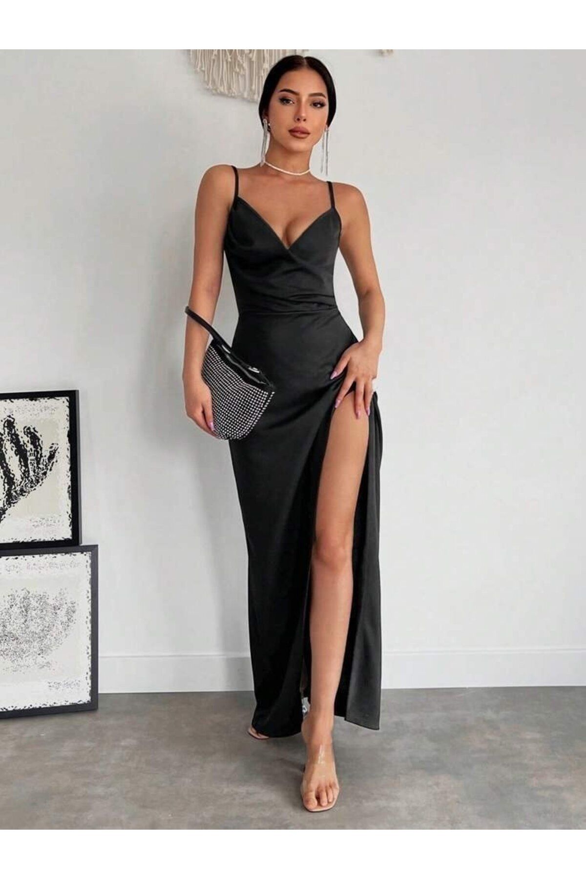Gökyüzü Moda Kadın Askılı Kruvaze Yakalı Yırtmaçlı Krep Elbise