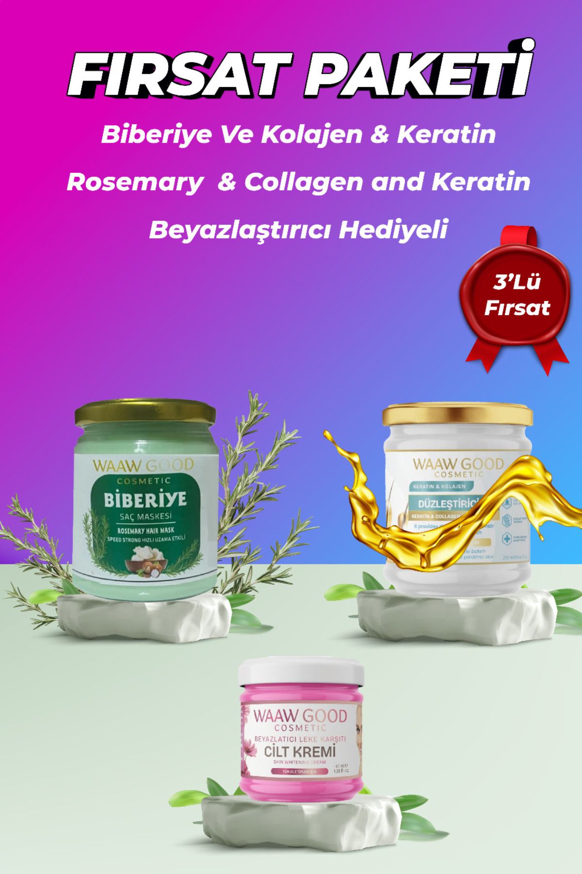 WAAW GOOD Düzleştirici Onarıcı Keratin,Biberiye Saç Maskesi Beyazlatıcı Krem Hediyeli Fırsat Paketi