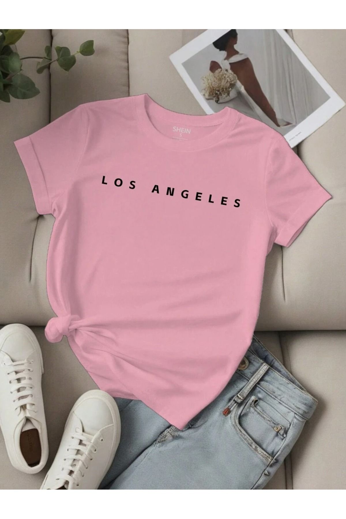 PALPİTO Unisex Pembe Düz Yazı Los Angeles Baskılı Oversize T-Shirt