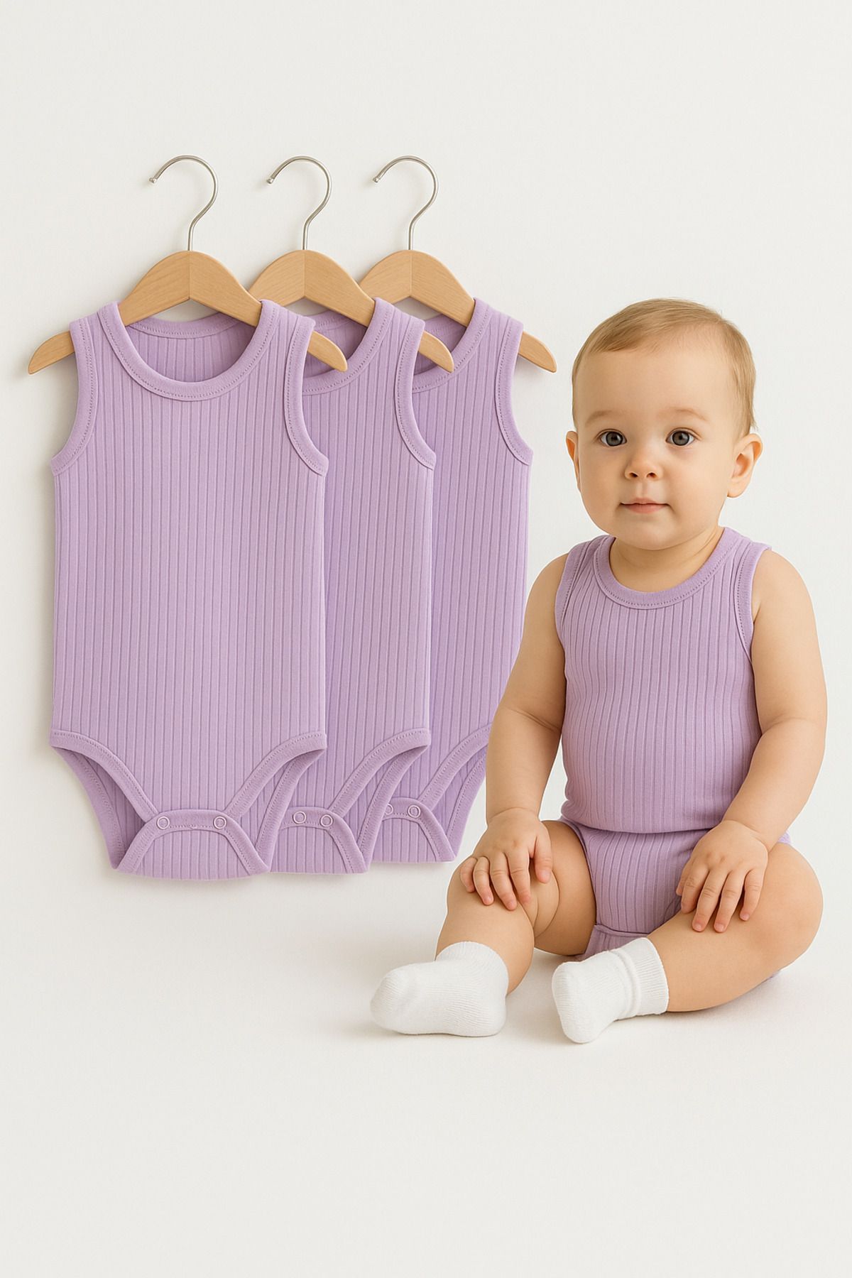 Trend Bebe Butik 3’lü Fitilli Ribana Çıtçıtlı Bebek Zıbın | Kolsuz Yazlık Pamuklu Body Seti | Unisex Bebek Badi Tulum