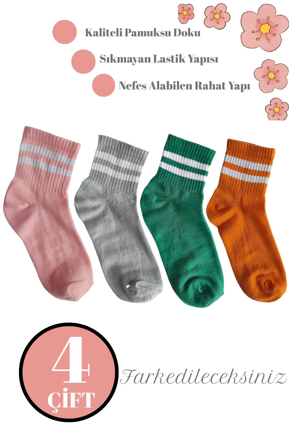 DİLRUBA AVM Unisex Kaliteli Pamuklu Yumuşak Kadın Erkek Halka Desenli Kolej Çorap (4 Çift)