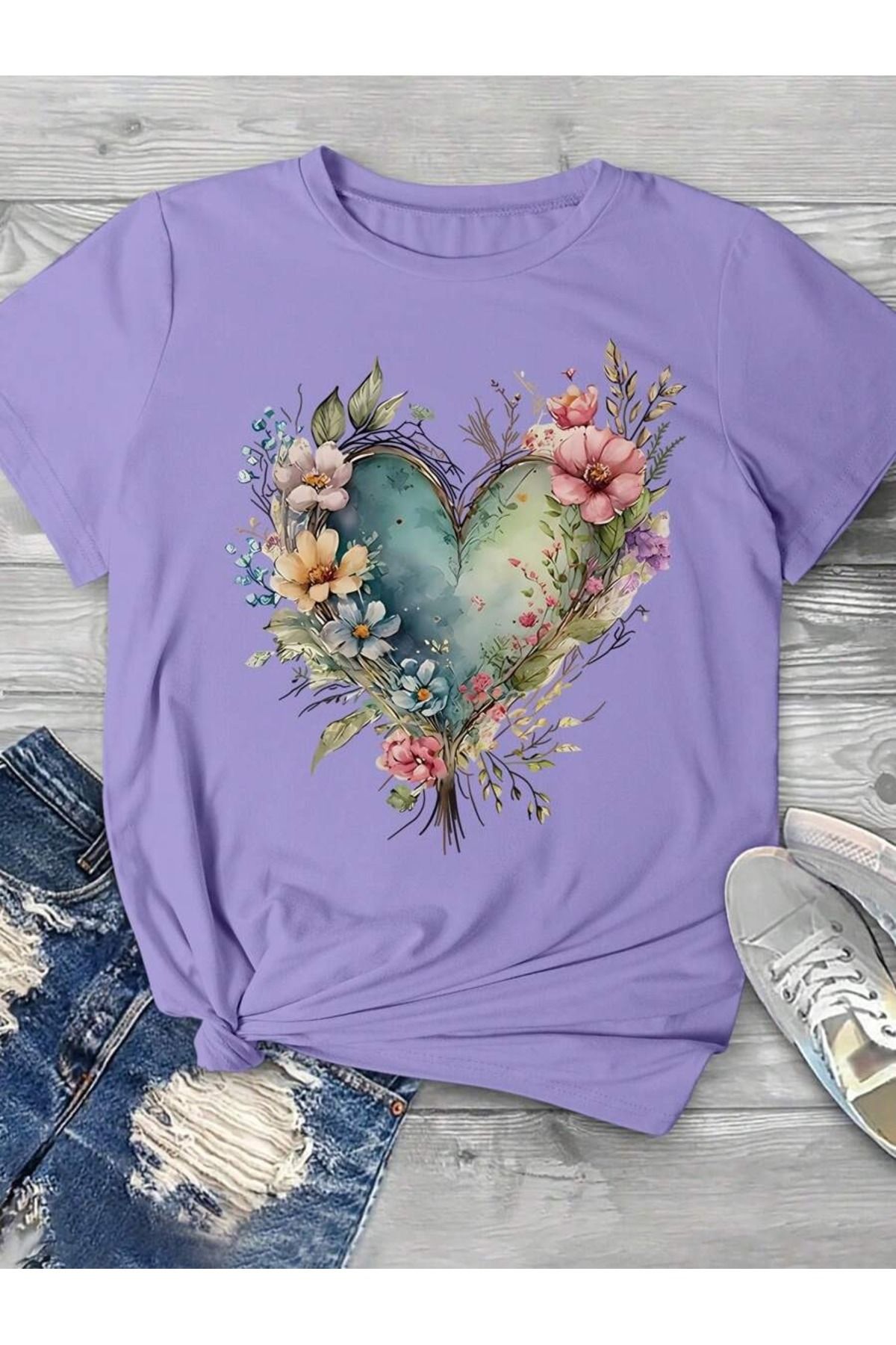 PALPİTO Kadın Lila Çiçekli Kalp Baskılı Oversize T-Shirt