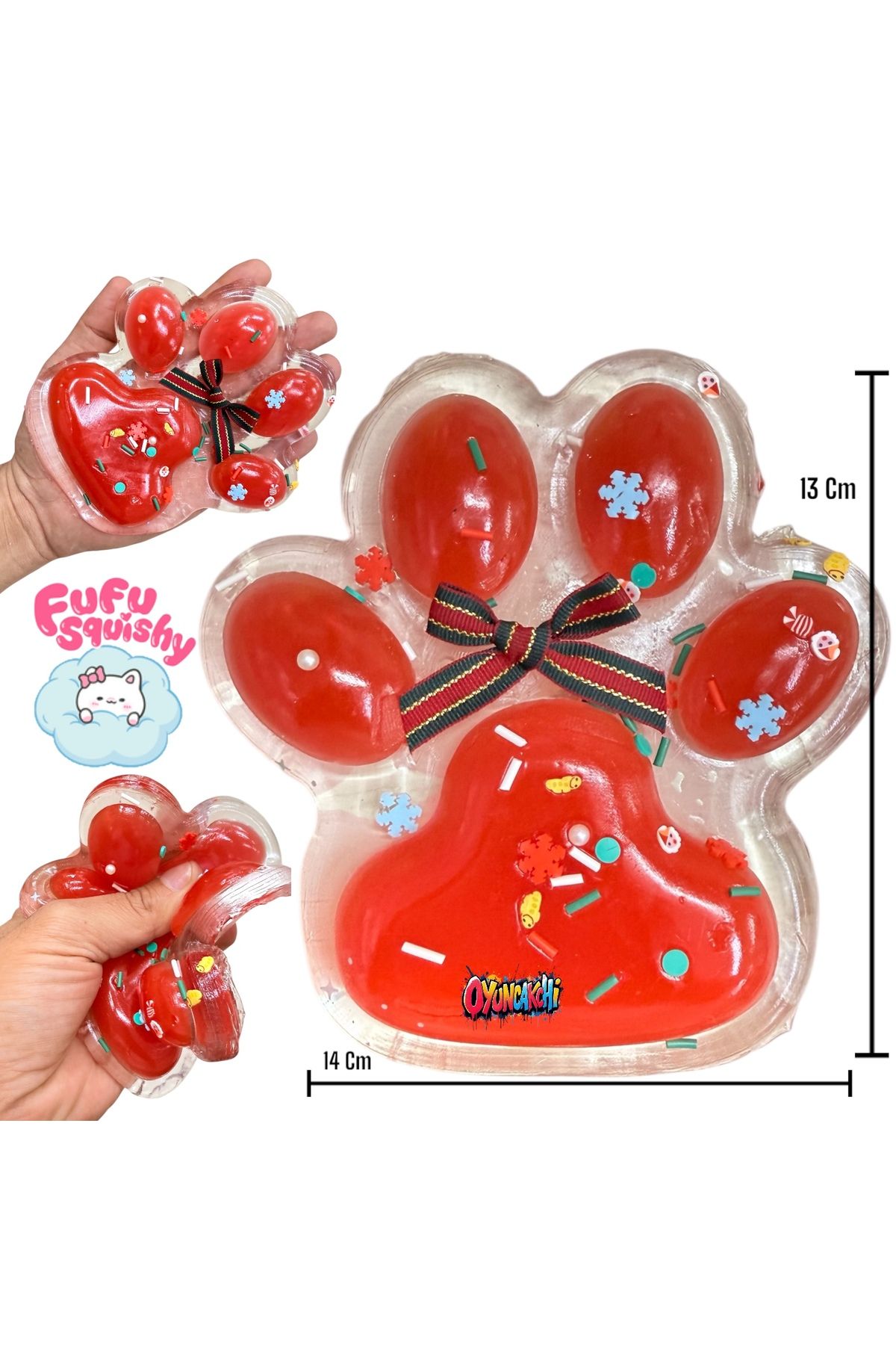 tmtoysandmore Sevimli Dev Squishy Kedi Pati Sıkma 14 Cm Pullu Fufu Sukuşi Şeffaf-Kırmızı