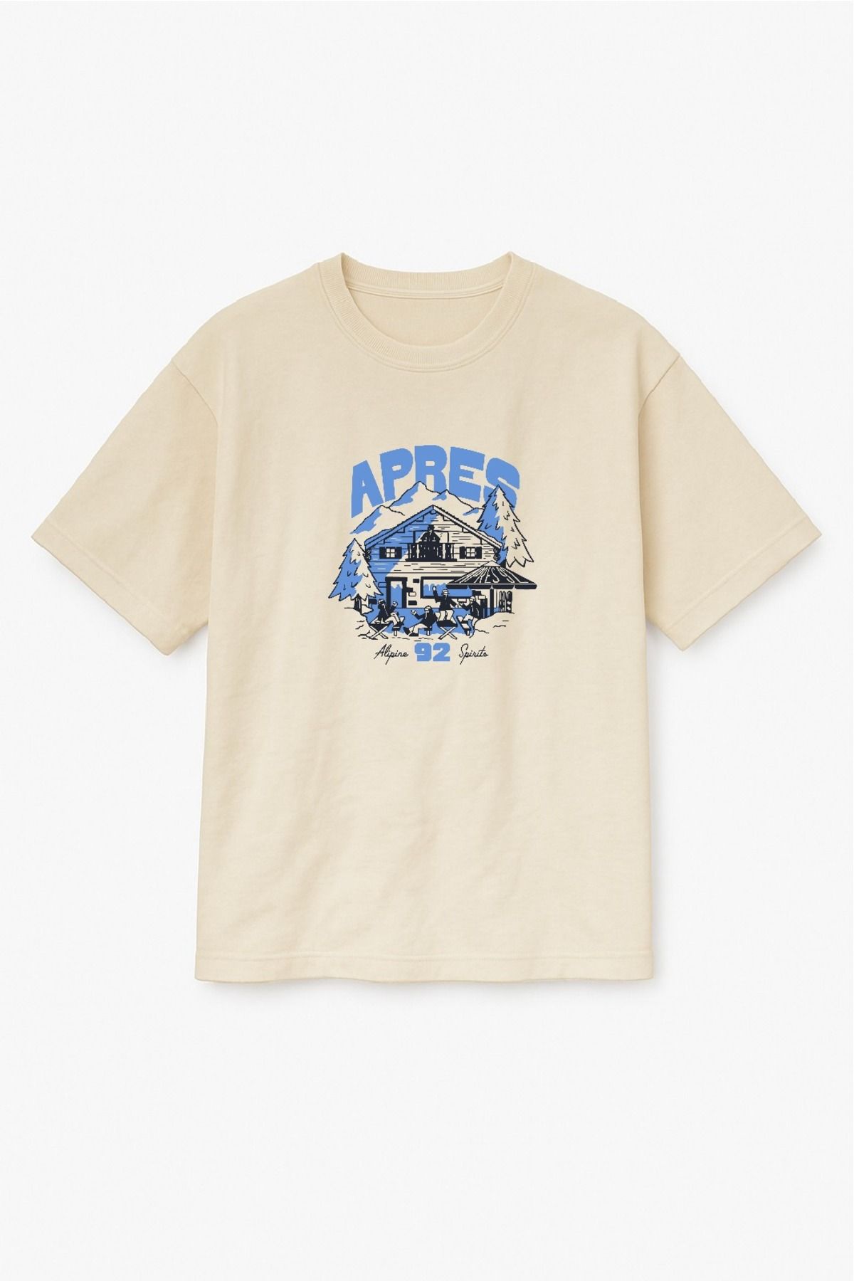 Altair Tr Bej Renk Oversize Apres Dağ Evi Baskılı Unisex Tişört T-shirt