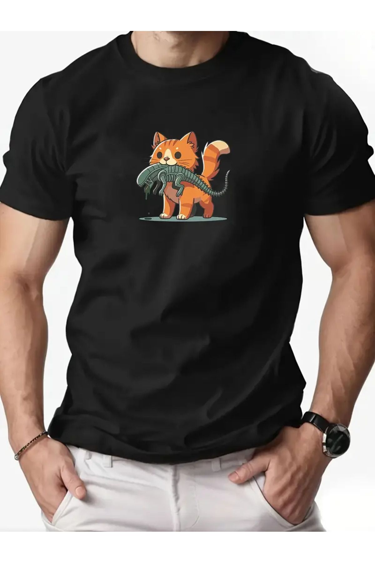 LUNAVISTA Cat Baskılı Bisiklet Yaka Kısa Kol T-shirt