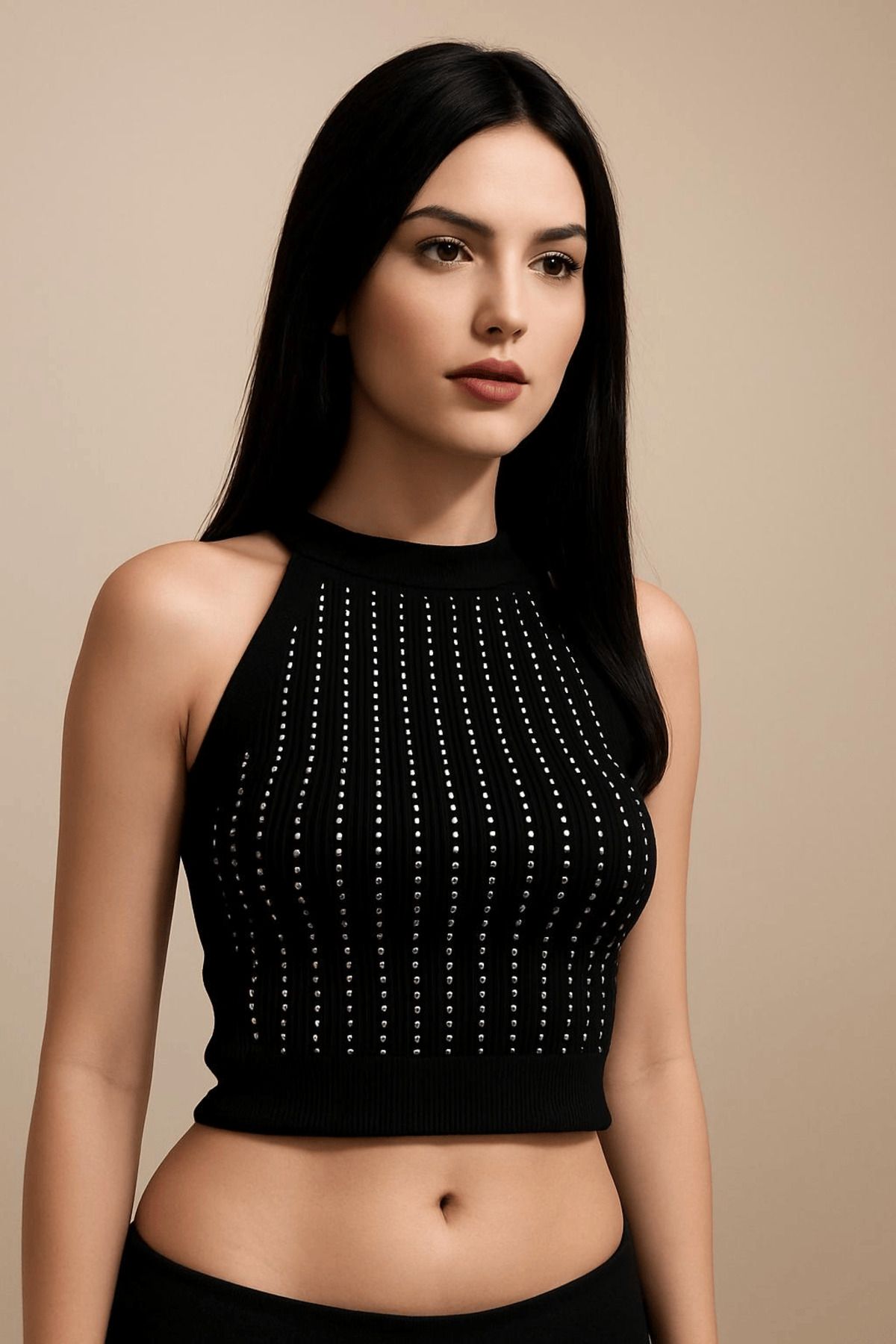 Mayer Butik Taş Baskılı Siyah Crop