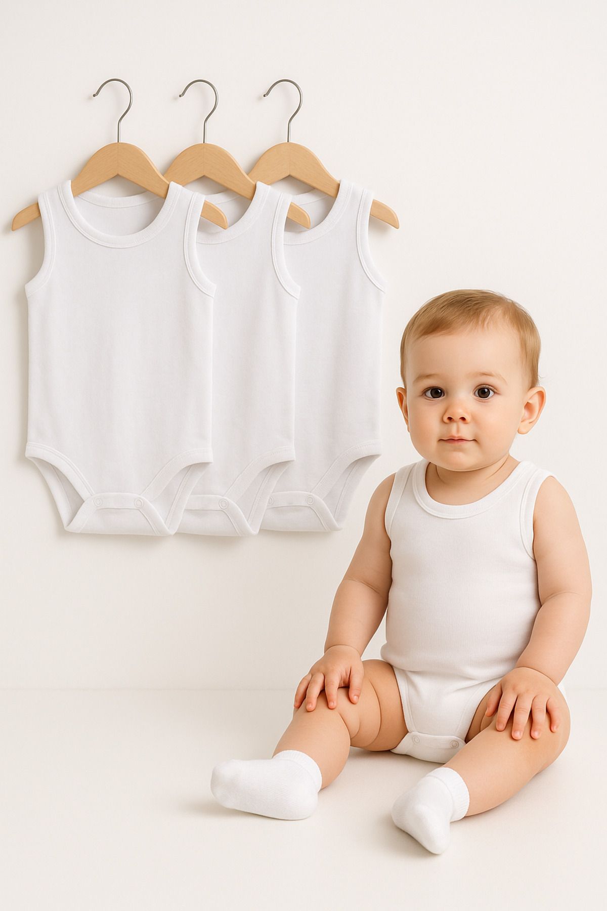 Trend Bebe Butik 3’lü Bebek Zıbın Seti | Pamuklu Kolsuz Çıtçıtlı Yazlık Body Erkek & Kız Bebek İçin Unisex Badi Tulum